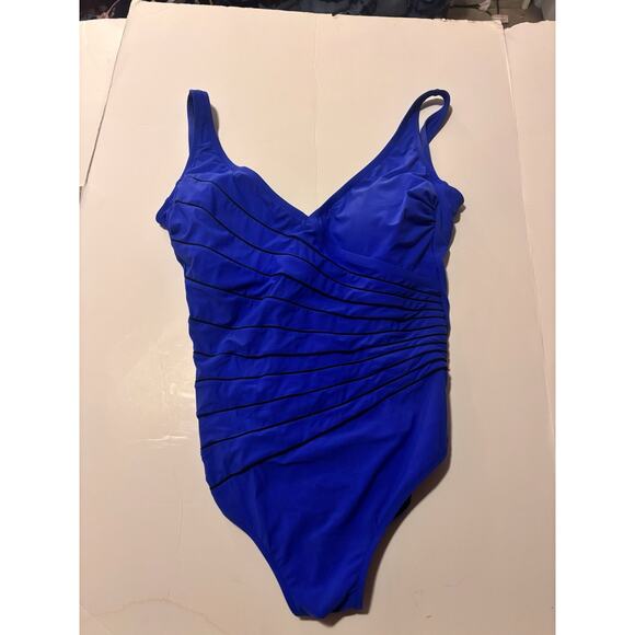 GOTTEX Women's One Piece Blue with Black Stripes Slimming Swimsuit Size 14 - Picture 1 of 4